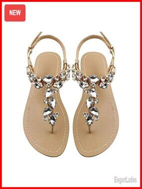 Rhinestone Beaded T-Strap Flat Sandals with Ankle Tie